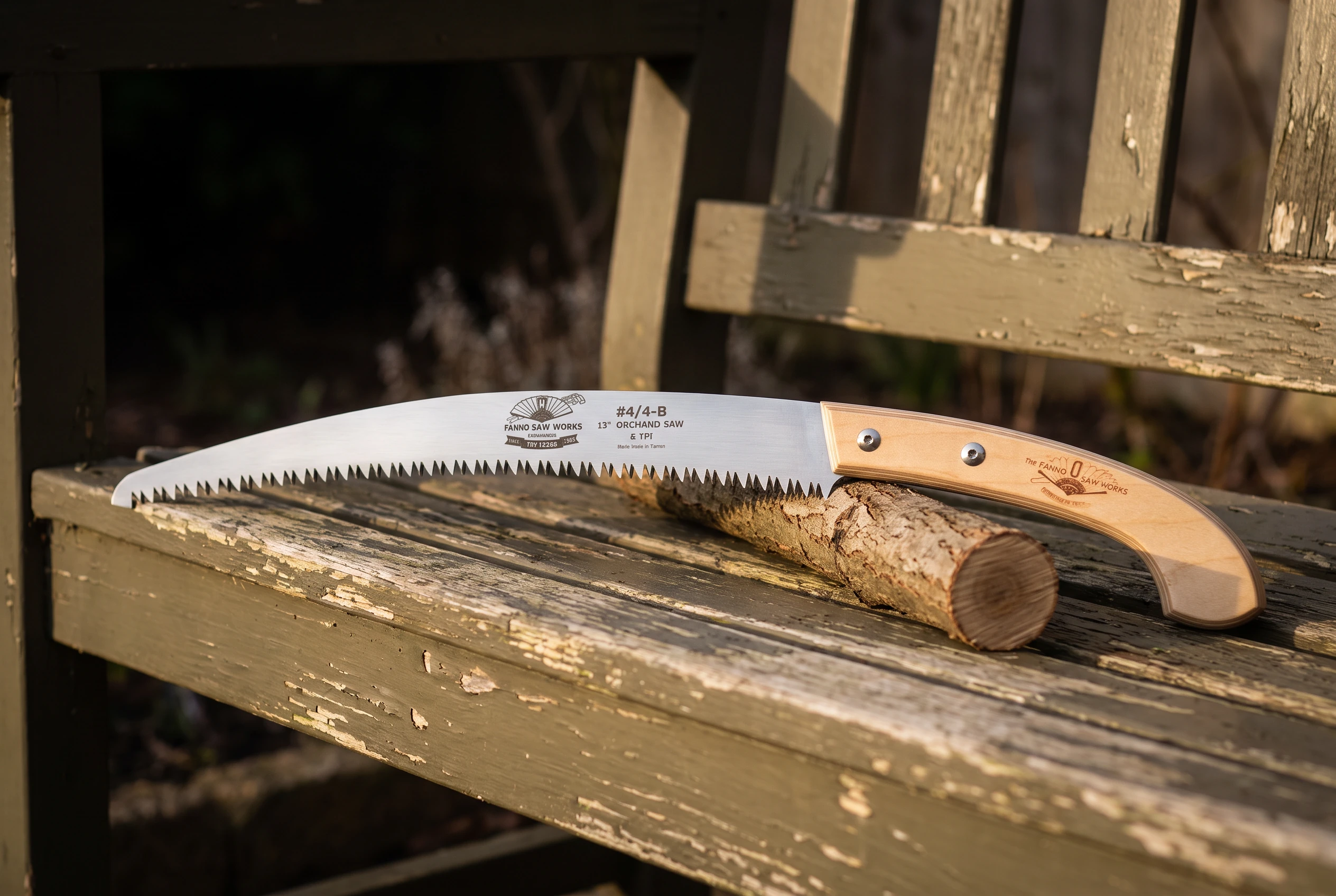 Fanno FS4 pruning saw resting on a garden workbench — AI-generated editorial image